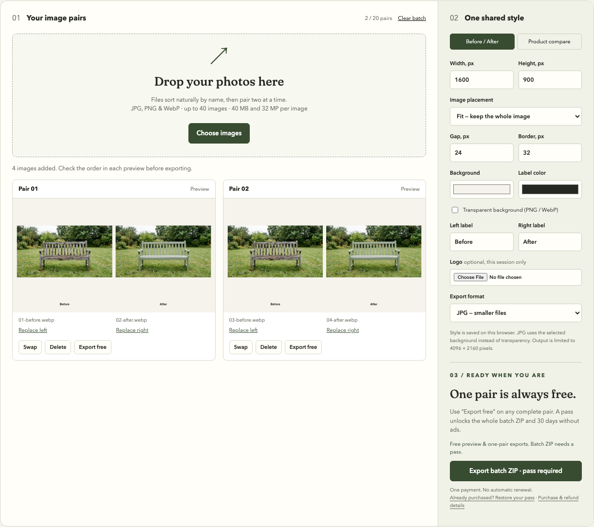 PhotoMerge batch editor with two actual Before and After image pairs and shared style settings