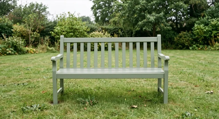 The same bench in the same position and framing after restoration, sanded and repainted in sage green