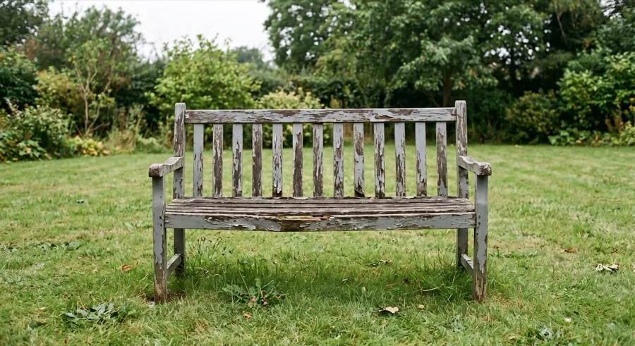 A weathered wooden garden bench with peeling grey paint, photographed straight on from a few metres away on an overcast day