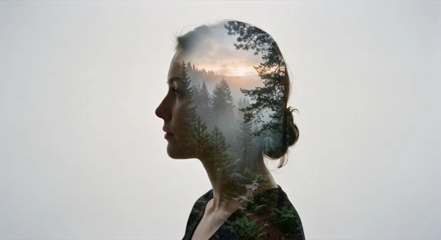 A double exposure: the profile silhouette of a woman filled with a misty pine forest at dawn